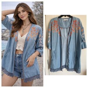Blue Embroidered Chambray Kimono Jacket Lyocell Boho Cottage Layer Small